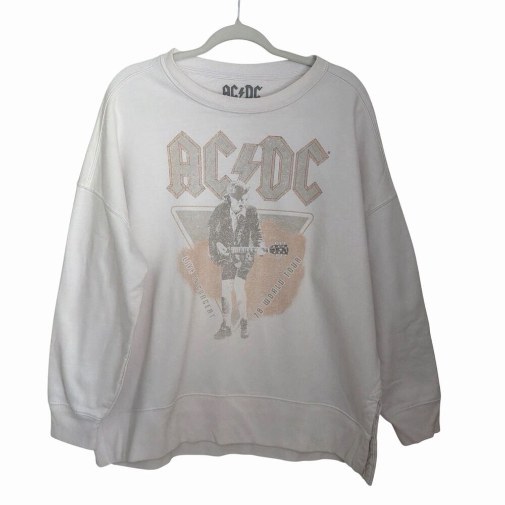 AC/DC Sweatshirt Size L White Oversized Graphic Angus Young Vintage Style Rock